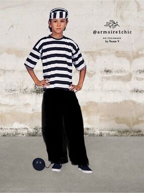 PRISONER | Convict Costume Top with Cap, Hand Shackles, & Leg Ball Chain | Y XL